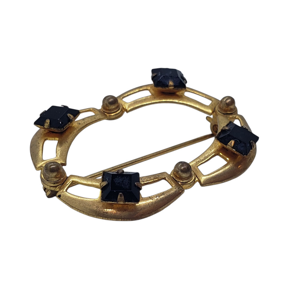Vintage 10k Gold Plate Brooch Pin Art Deco Oval Openwork Black Rhinestone - Picture 3 of 16